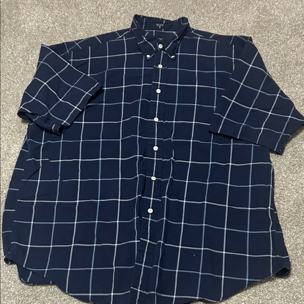 Nautica Dark Blue Plaid Button-Down Shirt